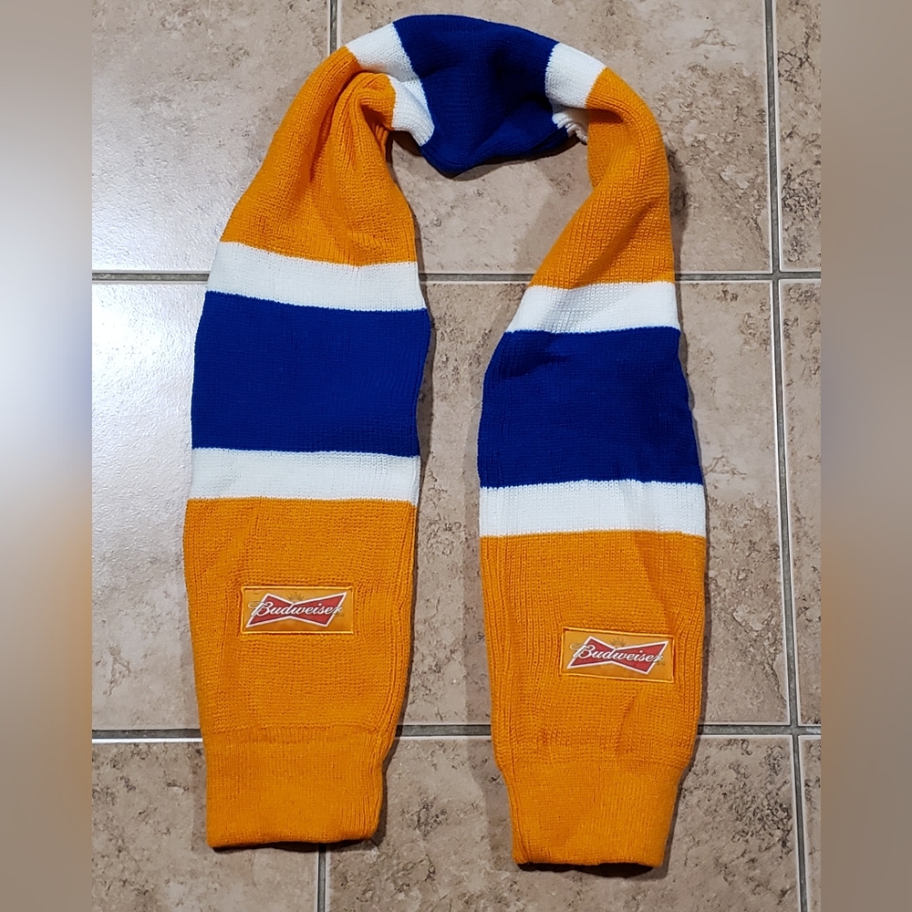 Scarf /Hand Warmer/hockey Sock Budweiser Hockey Scarf. Brand New Oilers Colours